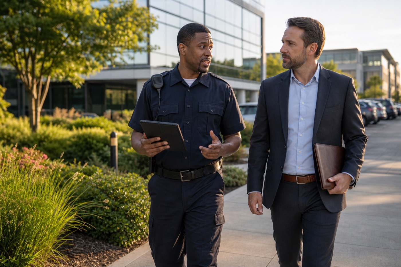 Security officer discussing property coverage with a commercial property manager.