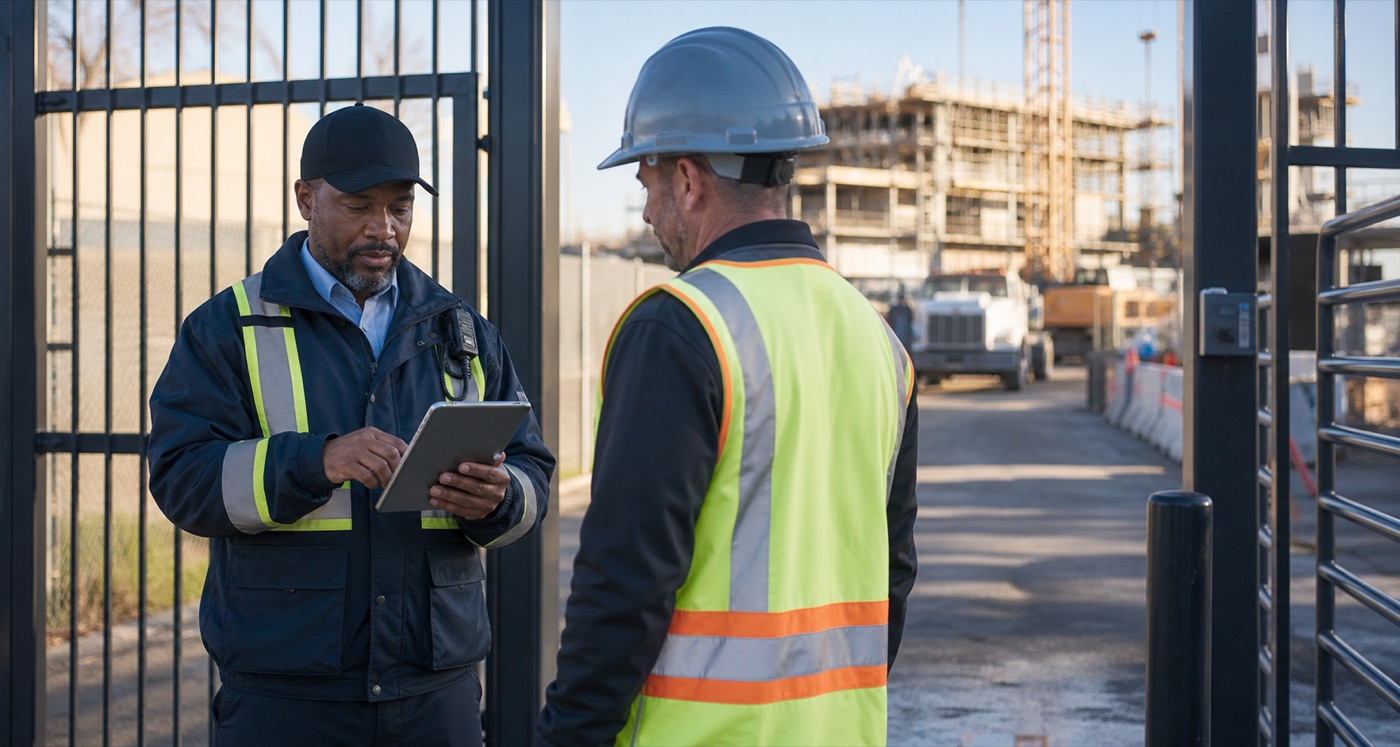 Security officer checking access at a construction gate.
