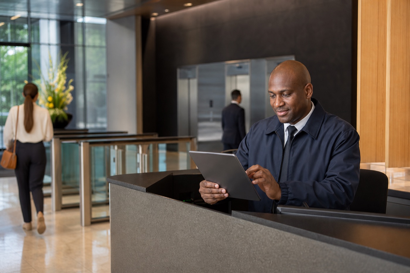 Uniformed security officer monitoring access at a corporate office lobby desk.