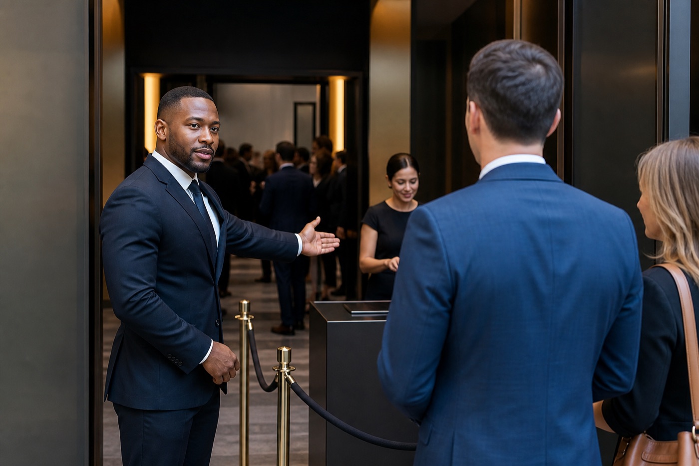 Security officer assisting guests at a professional event entrance.