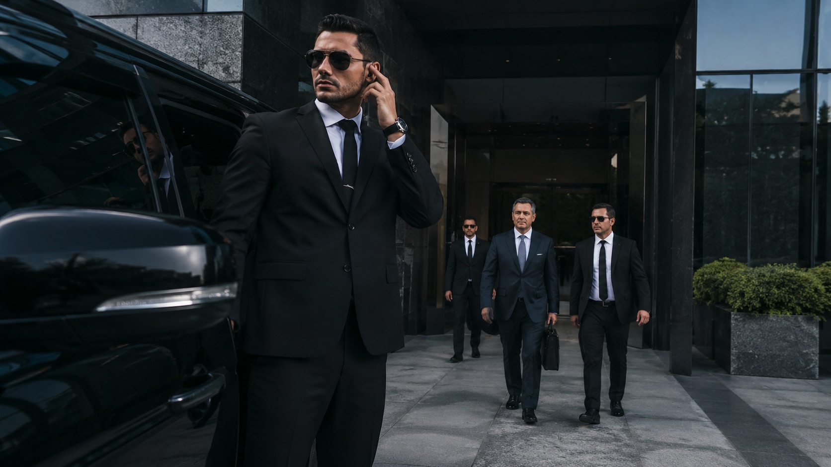 Professional chauffeur opening the door of a black luxury SUV at a modern airport arrival area.