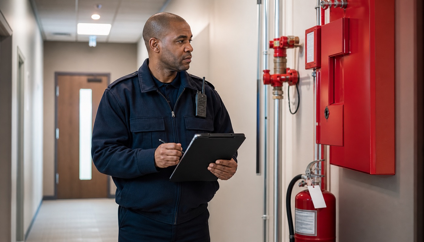 Security officer performing a fire watch safety inspection near building safety equipment.