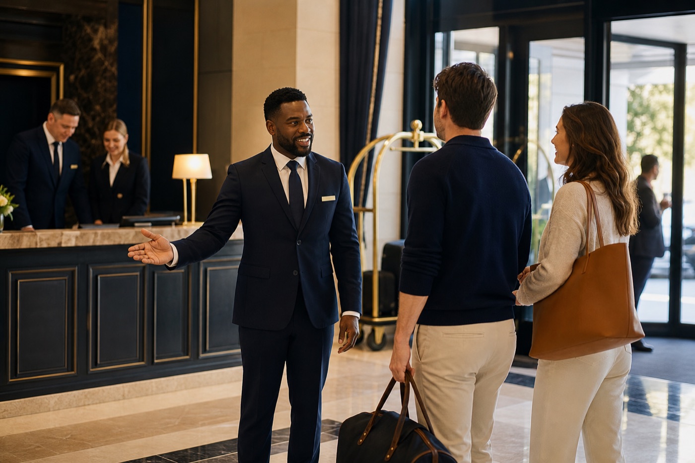 Hotel security officer assisting guests in an upscale hospitality lobby.