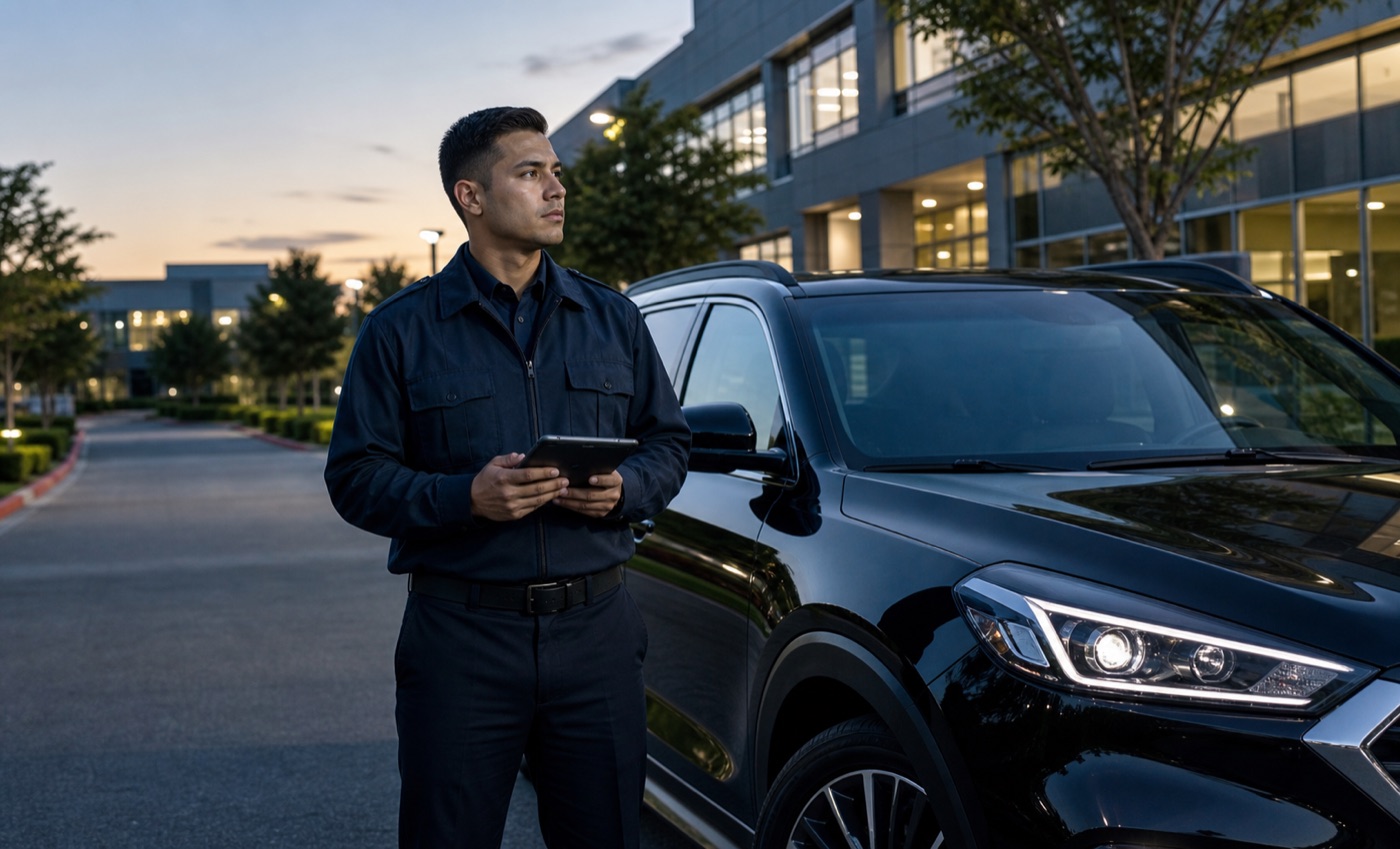 Security officer with a tablet beside a patrol vehicle at a commercial property.