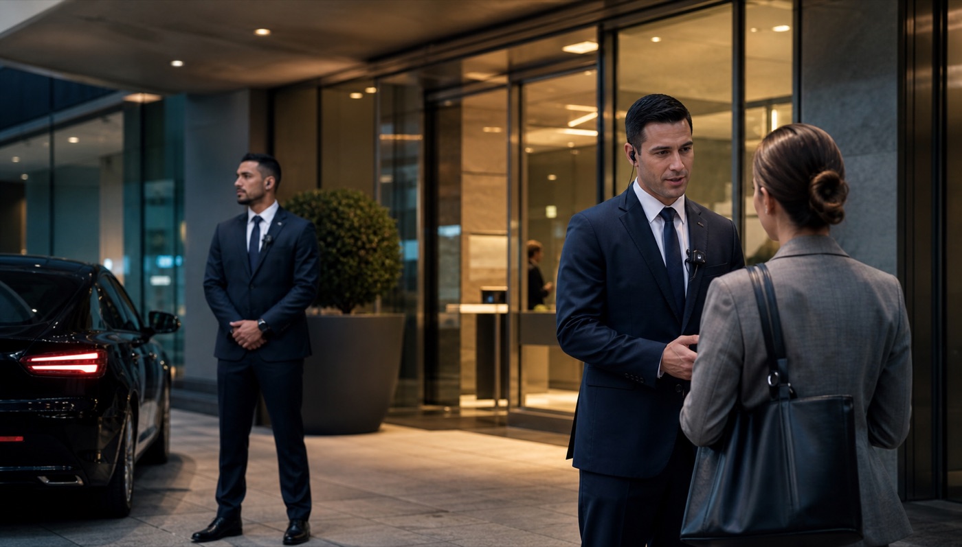 Professional private security personnel managing an executive office building entrance.