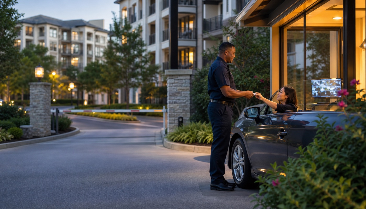 Security officer assisting a resident at a gated residential community entrance.