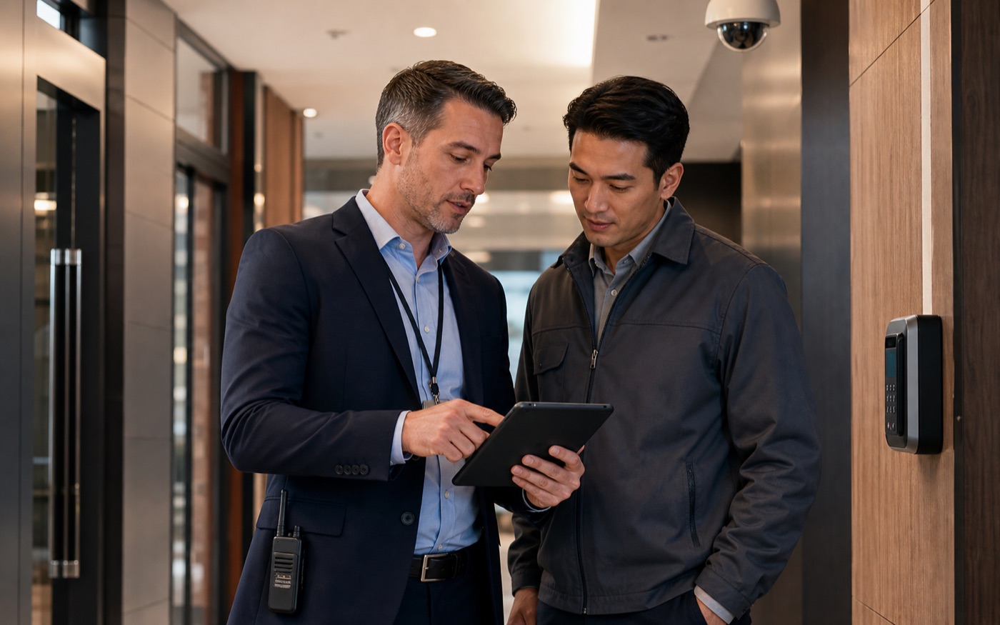 Security consultant reviewing access-control points with a facilities manager.
