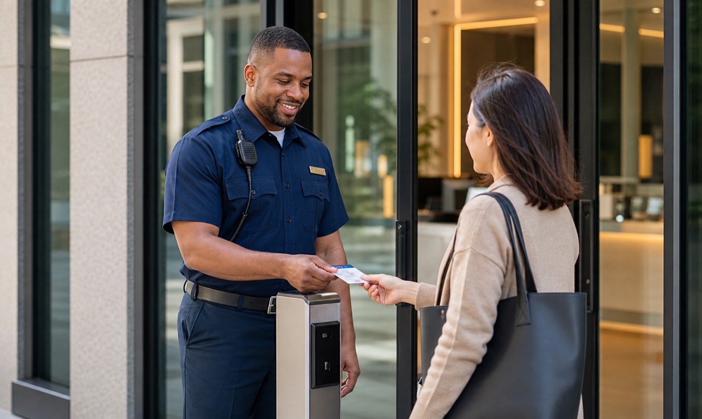 Uniformed private security officer checking visitor access at a commercial building entrance.