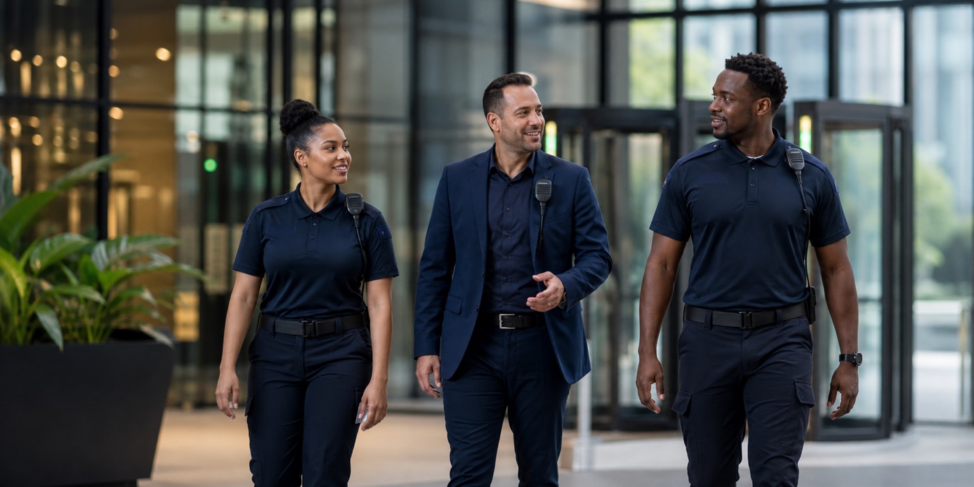 Professional security leadership and uniformed officers walking through a modern commercial property.