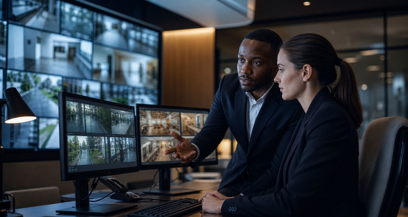 Security operations staff monitoring a modern commercial facility.