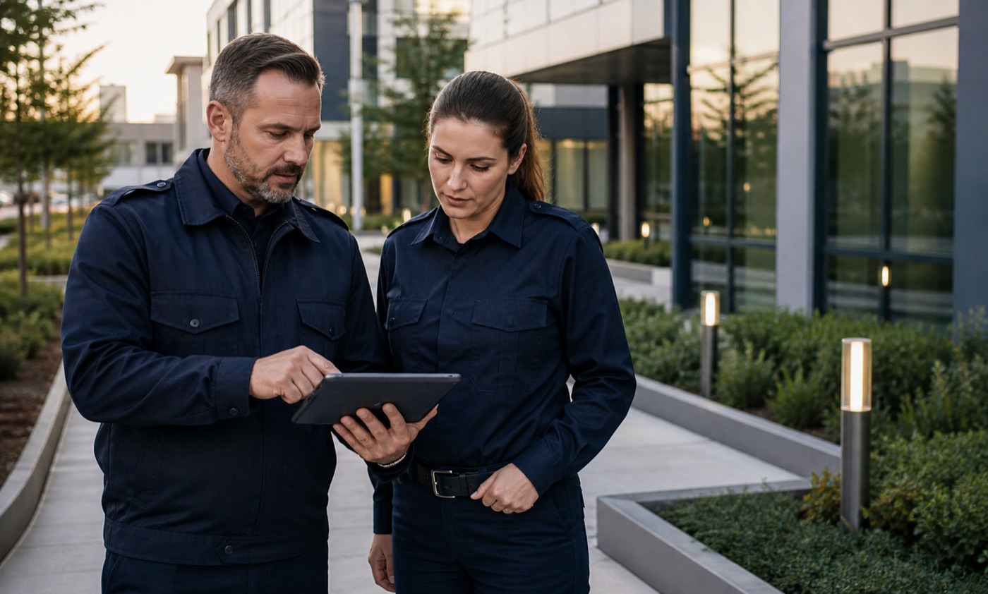 Security supervisor reviewing a patrol plan with a uniformed officer outdoors.