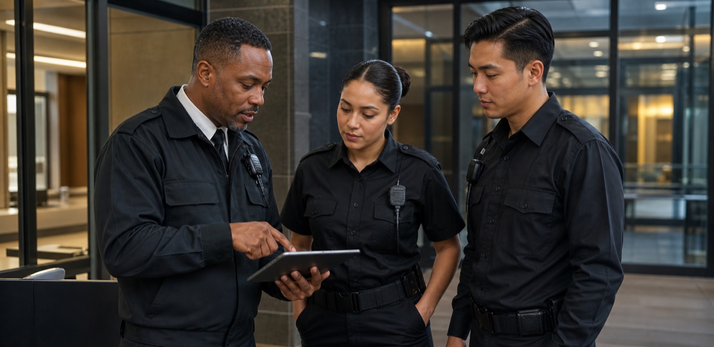 Security supervisor briefing uniformed officers before a commercial property shift.