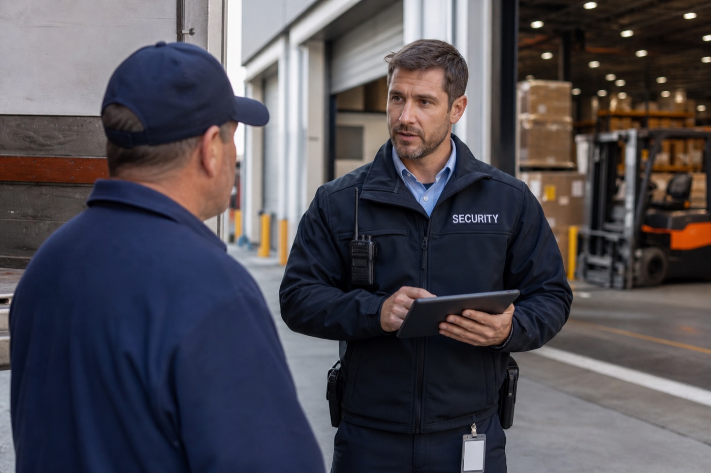 Warehouse security officer checking in a delivery driver at a loading dock.